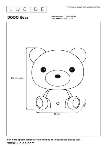 Lucide DODO Bear - Tischlampe Kinderzimmer - LED Dim. - 1x3W - 3 StepDim - Weiß - Technisch